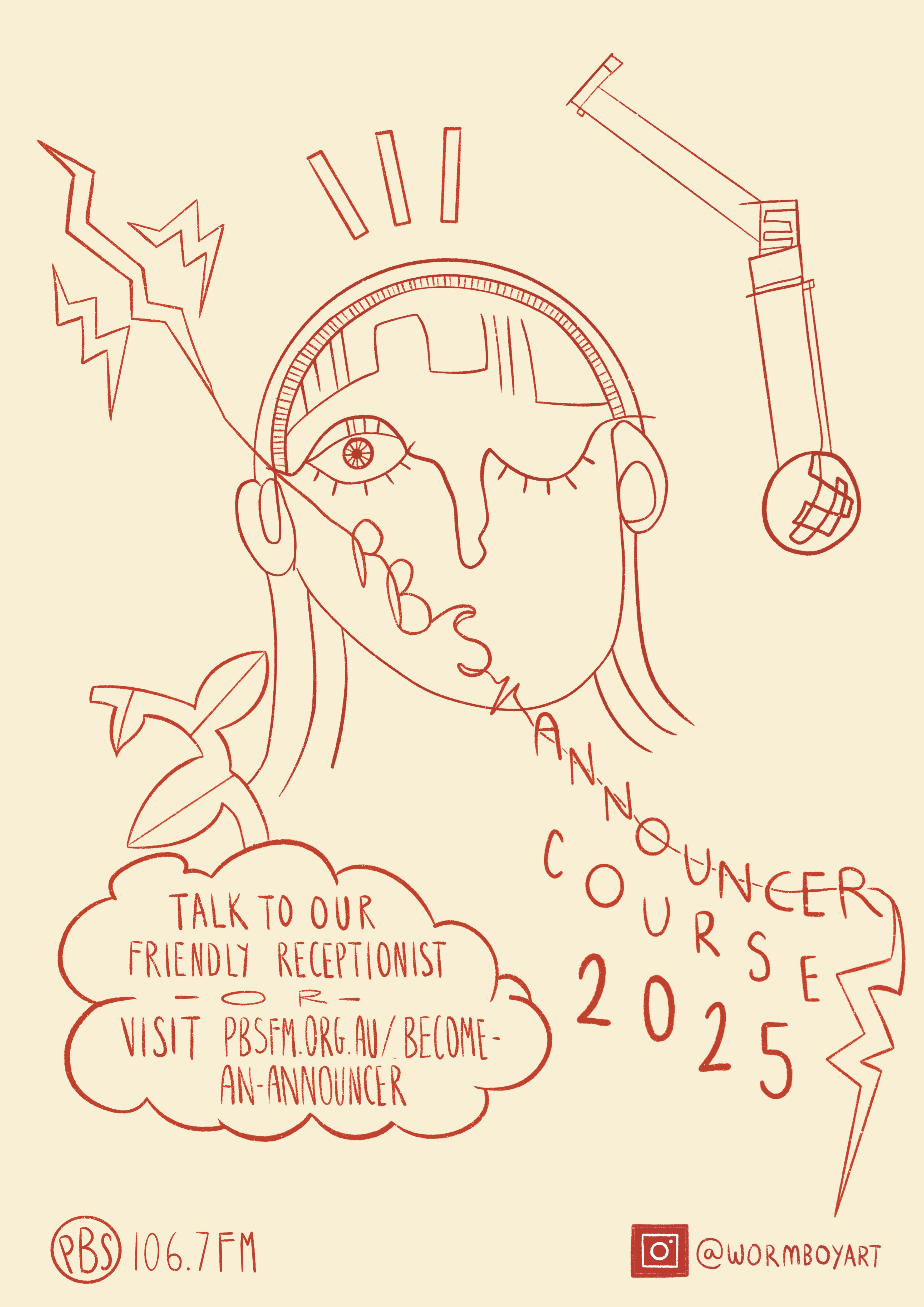 handdrawn illustration by @wormboyart: A person speaks into a microphone